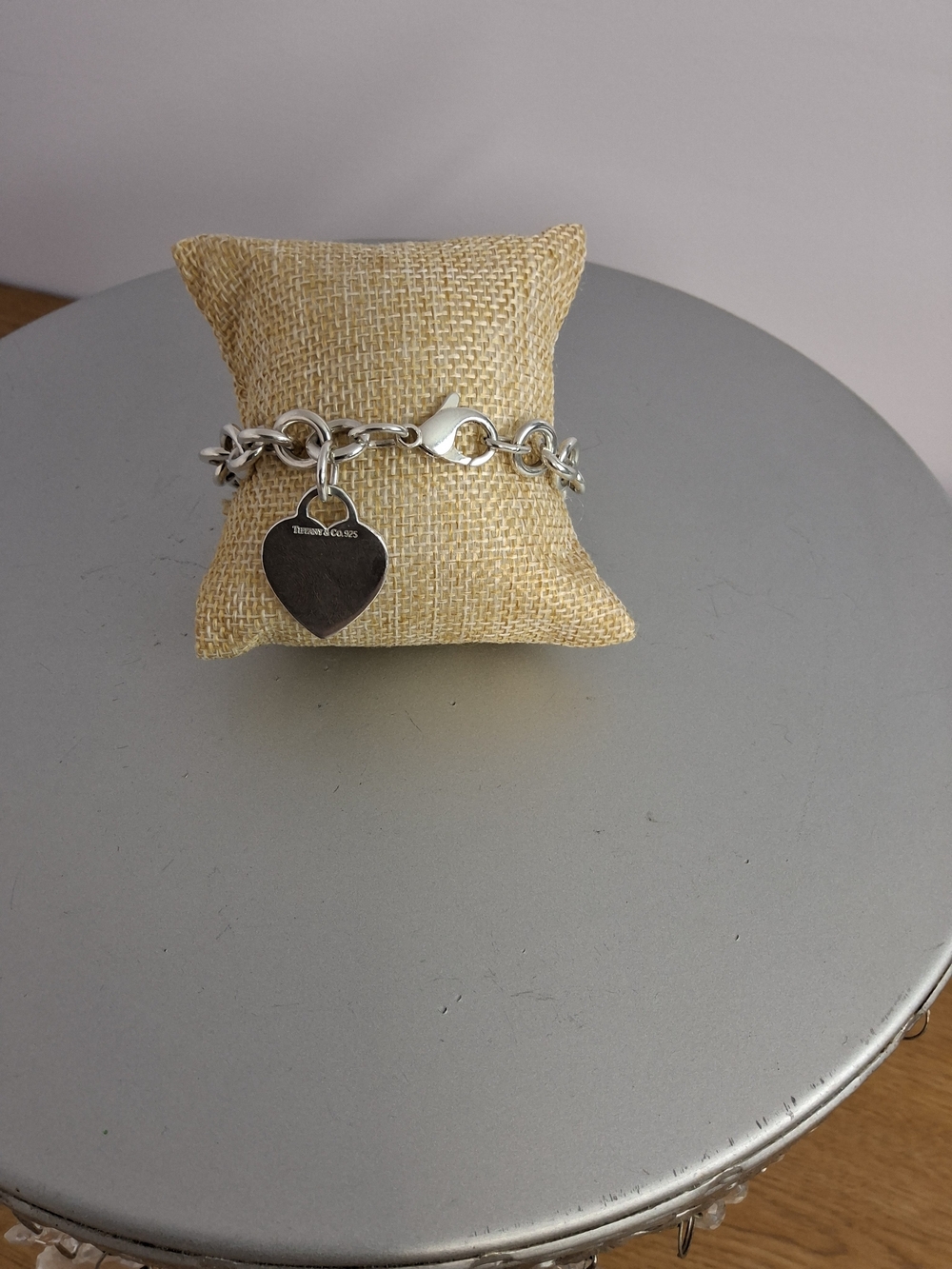 Vintage Tiffany & Co. 925 Silver Heart Tag Charm Bracelet Lobster Clasp